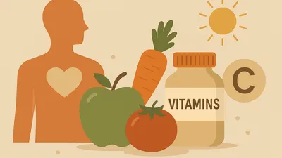 Ilustrace postavy se srdcem, zeleniny, lahvičky s vitaminy a symbolem vitamínu C pod sluncem